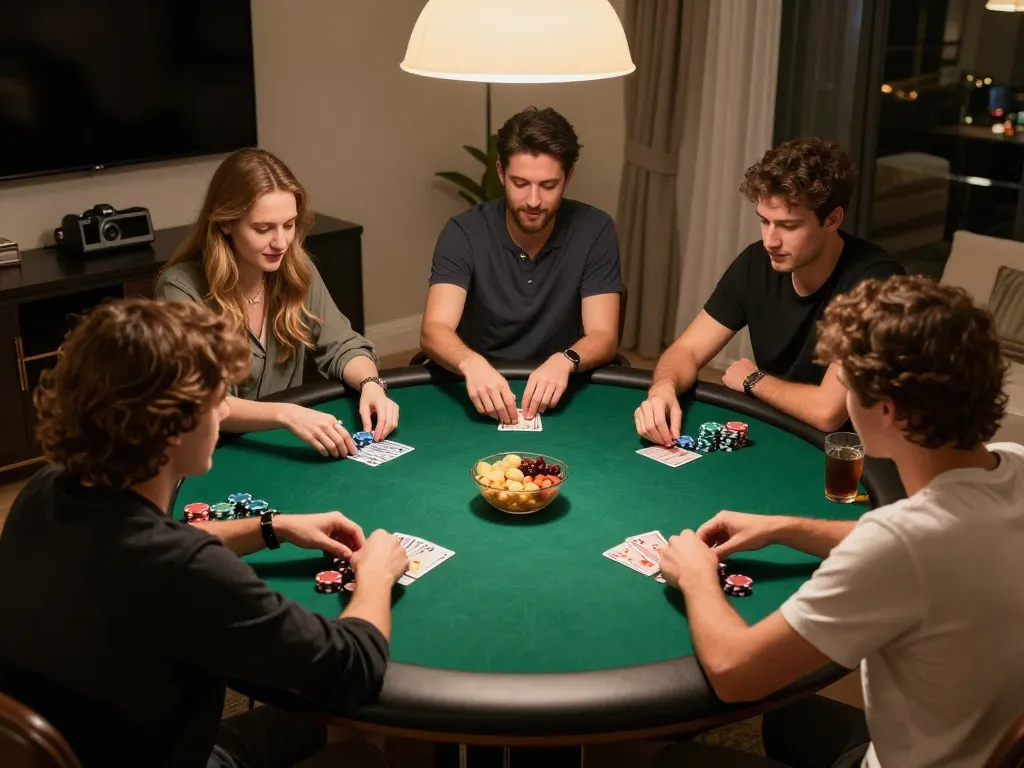 Engaged friends strategizing during a home poker night with 68win players at the table