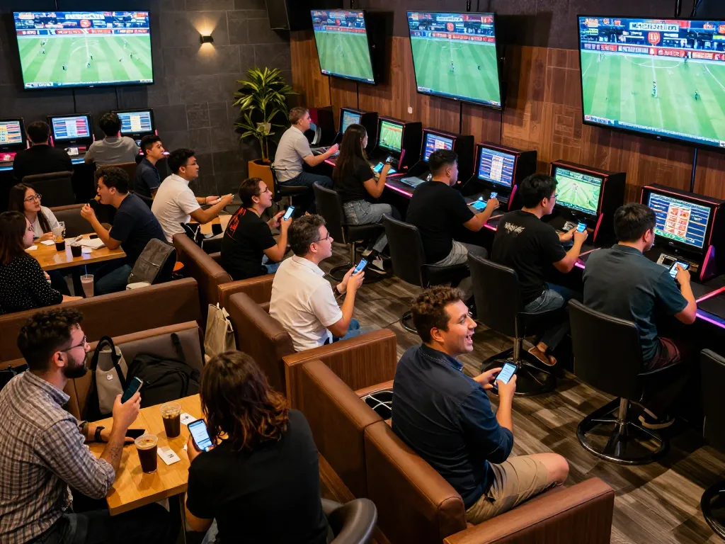Sports fans engaging in live betting excitement at Keonhacai5, surrounded by vibrant screens showcasing events.