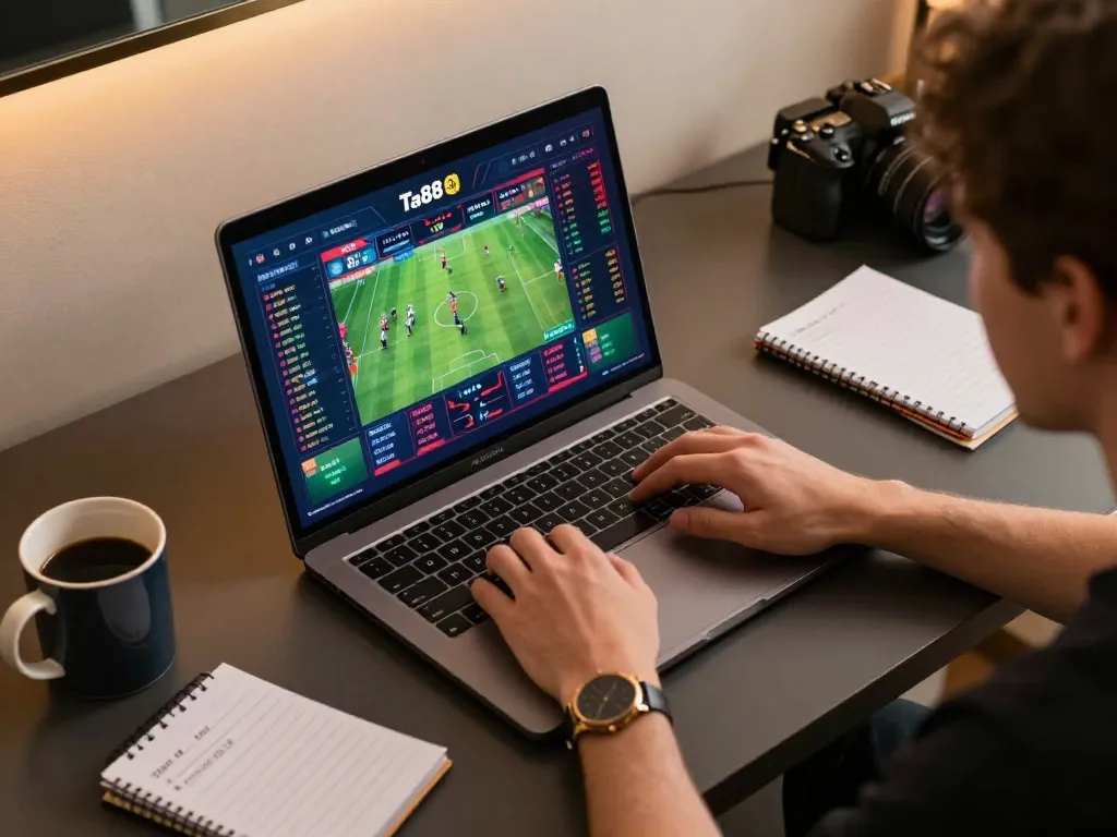 Engaging sports betting scene on ta88 with player analyzing odds on a laptop.