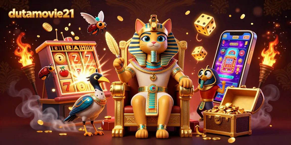 Dutamovie21 showcases a vibrant and rich scene of a 3D Egyptian pharaoh cat with a slot machine explosion, embodying a thrilling casino atmosphere.