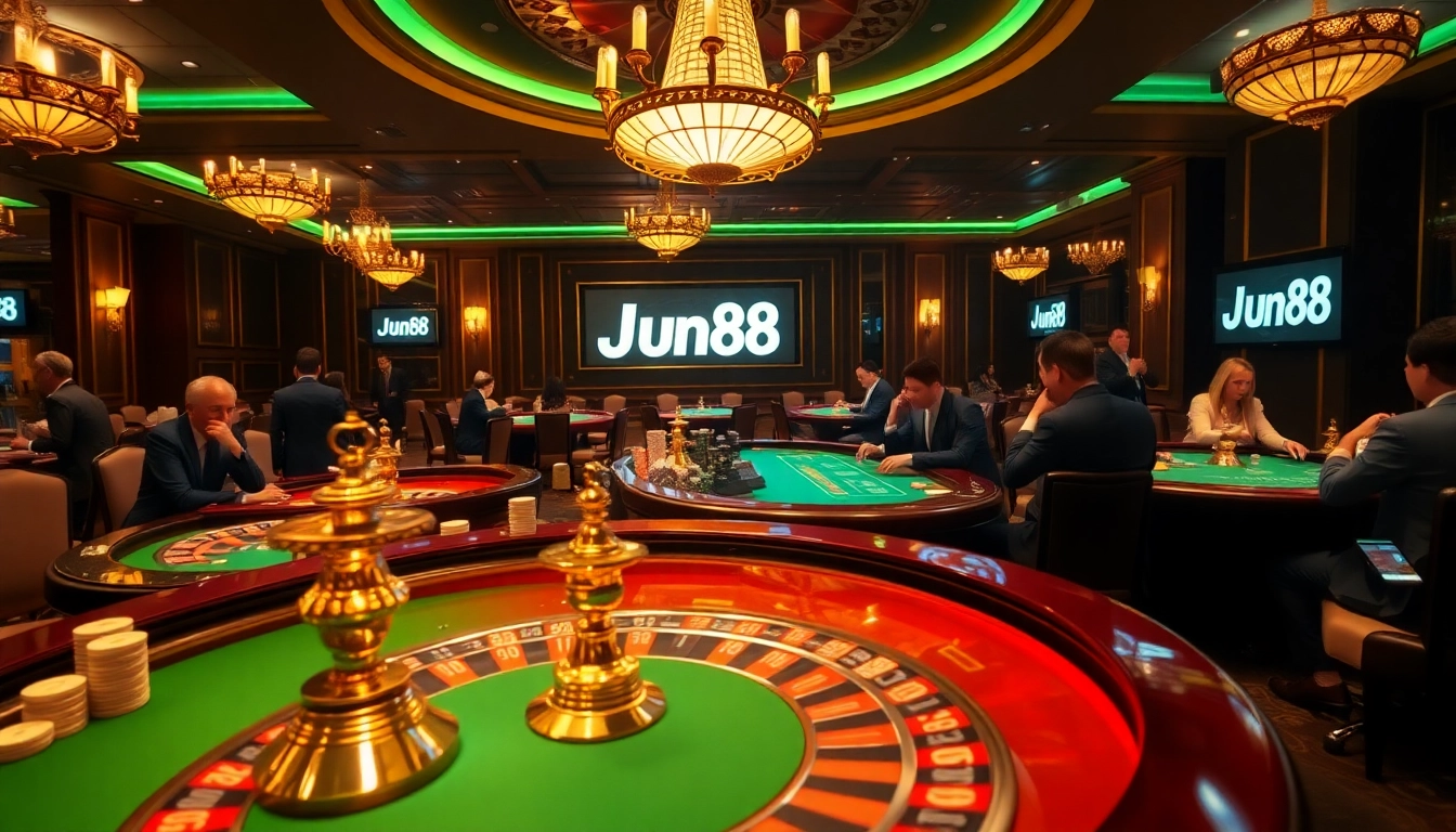 Experience the thrill of Jun88 at a luxurious casino table with engaging players and vibrant atmosphere.