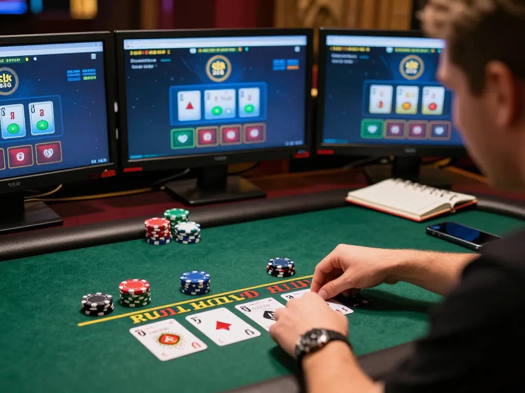 Player focusing on live dealer blackjack at AU88's online casino, surrounded by gaming gear and dynamic interface.