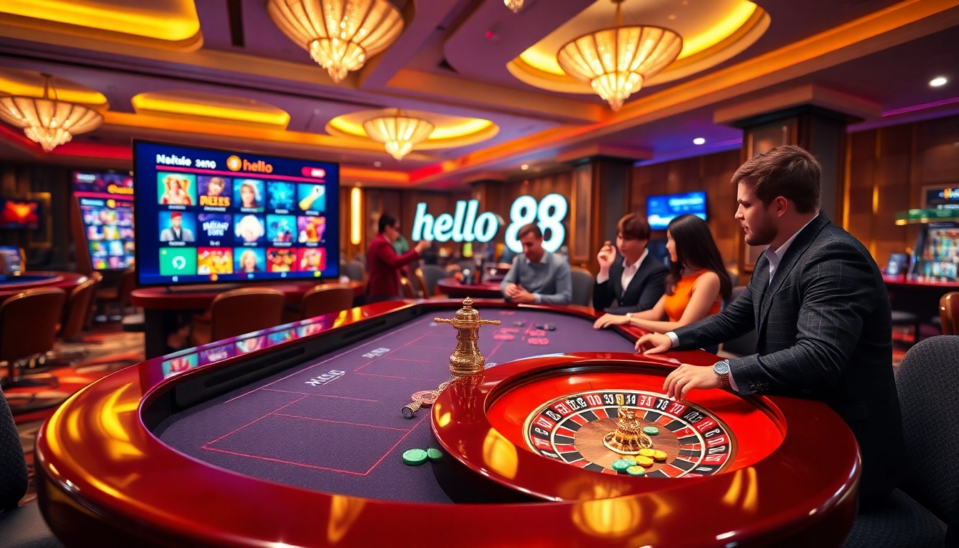 Players enjoying thrilling games at hello 88 casino tables with vibrant chips and roulette.
