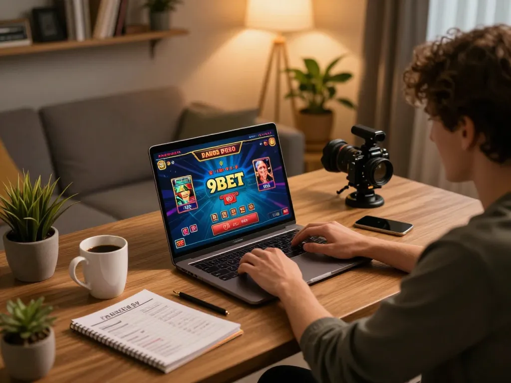 Engaging online gaming scene at 9bet with a player focused on the laptop, showcasing a vibrant interface.