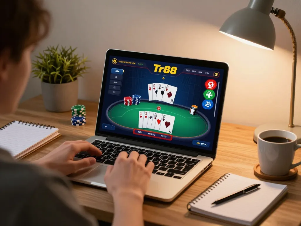 Enjoying a thrilling Tr88 game on a laptop at home, showcasing a strategic poker session.