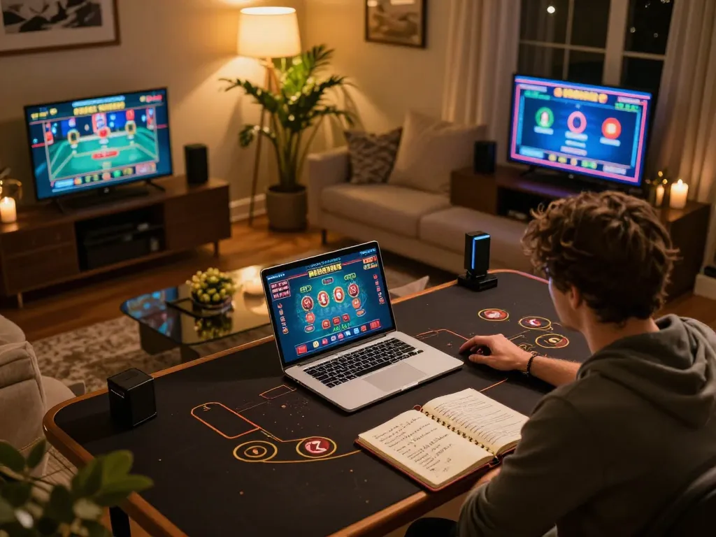 Kuwin player engaging with live dealer games on a laptop in a cozy home environment, showcasing strategic betting.