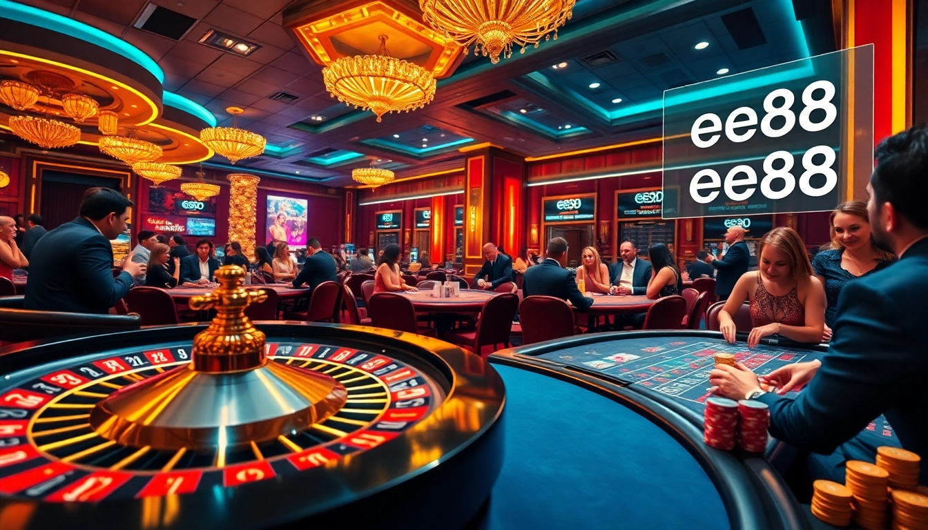 Players at ee88 casino enjoying a thrilling game night with vibrant tables and digital interfaces.