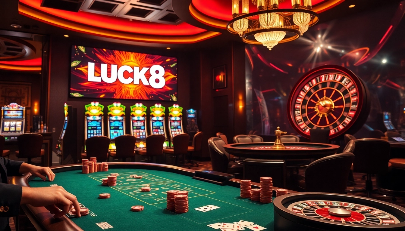Engaging scene showing LUCK8 casino excitement with poker tables and slot machines.