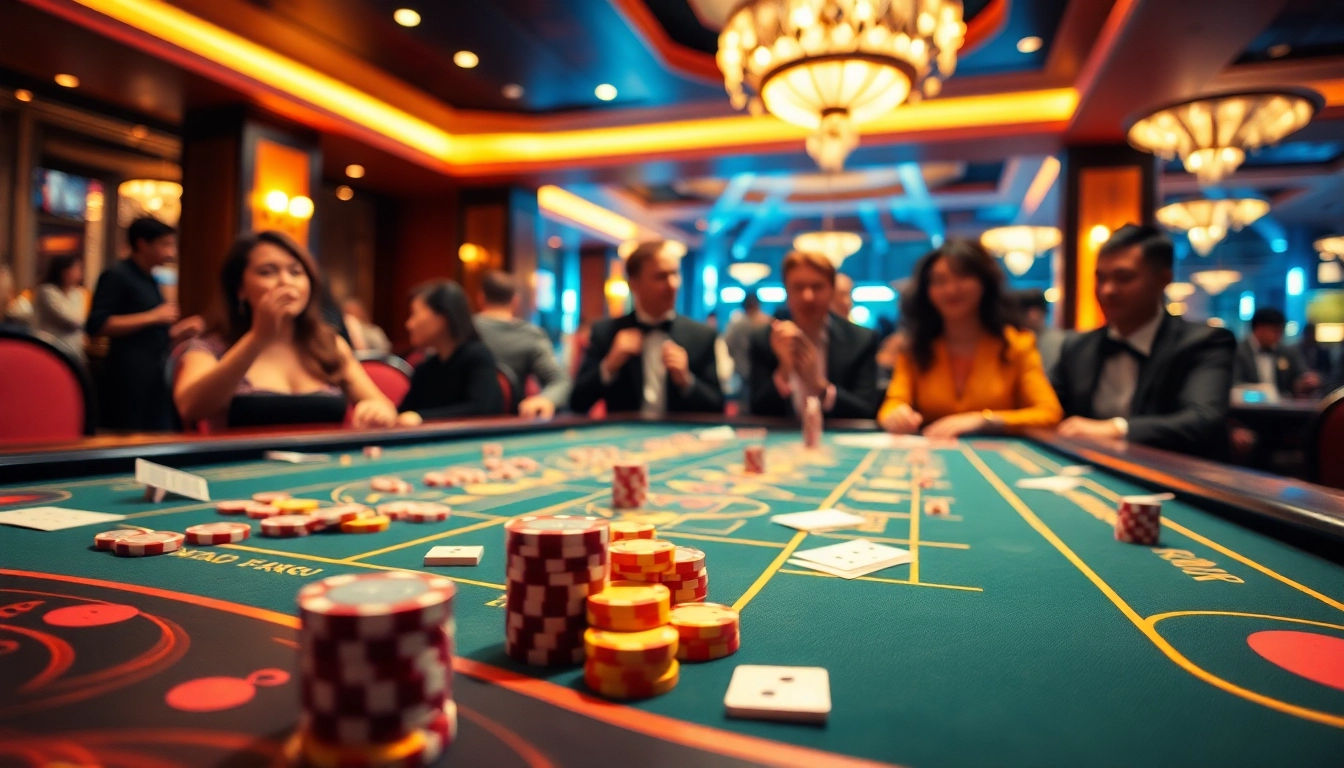 Players enjoying Tài Xỉu MD5 at an upscale casino table, filled with vibrant chips and dice.