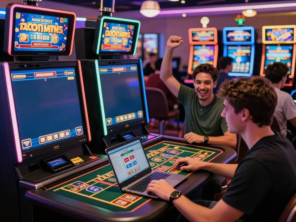 Players enjoying their experience at credit card casinos, celebrating wins and engaging with games in a vibrant online casino environment.