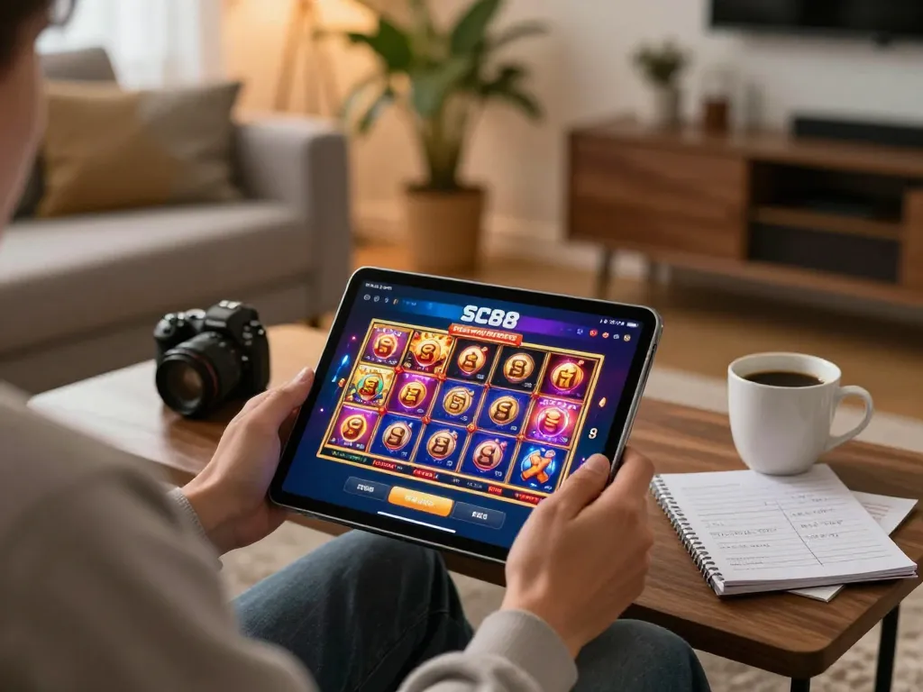 Engaging with SC88 online casino app while strategizing at home.