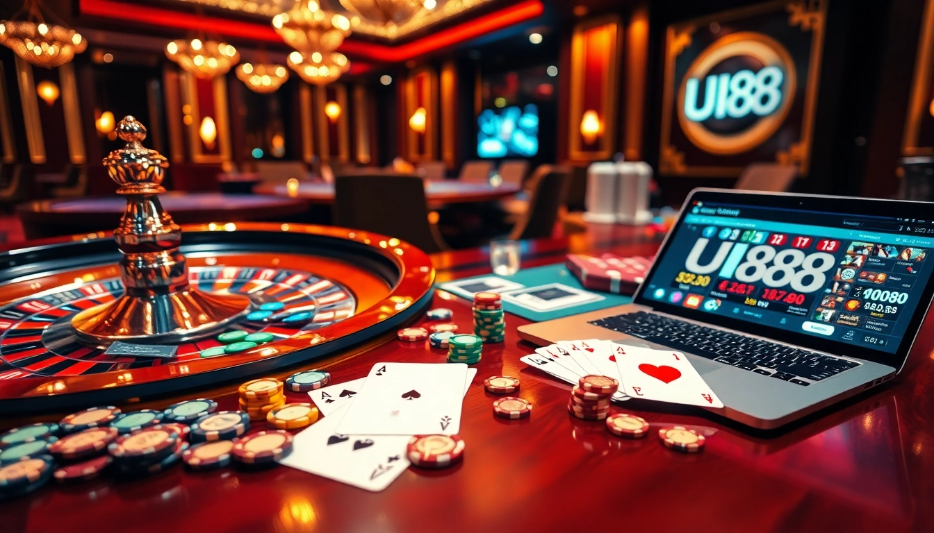 Experience the thrill of winning at UU88's luxurious casino tables with poker chips and roulette.