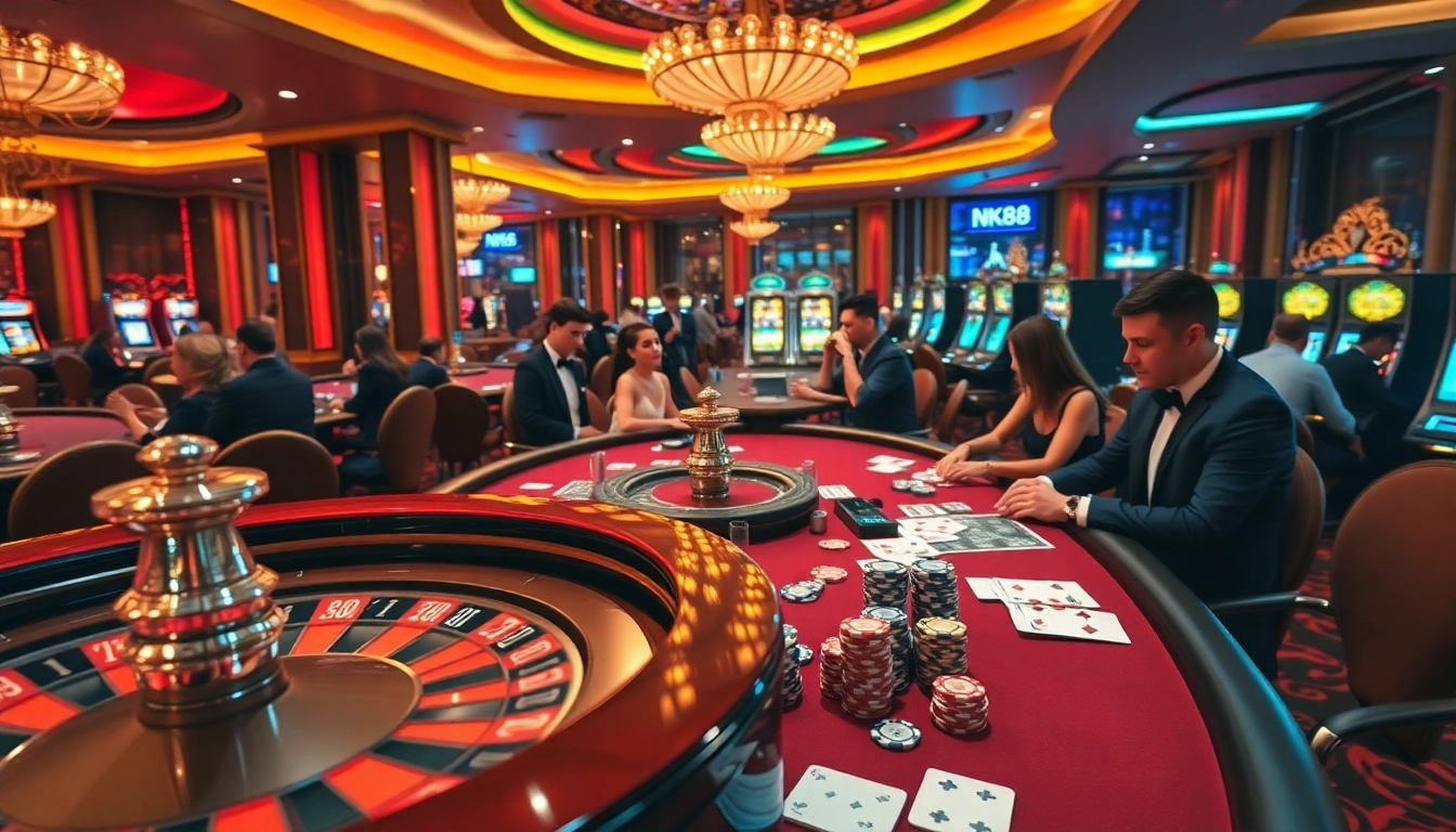 Gambling excitement at NK88 casino with upscale players around roulette and slot machines.