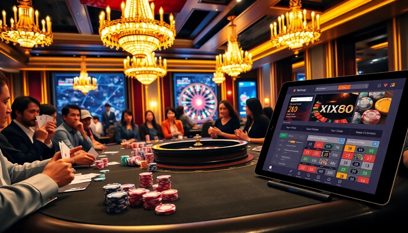 Elegant poker table scene showcasing XX88's vibrant gambling atmosphere with players and chips.