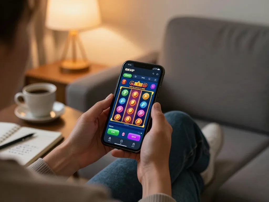 Player enjoying the RIKVIP app on mobile while sitting on a cozy couch during online gaming session.