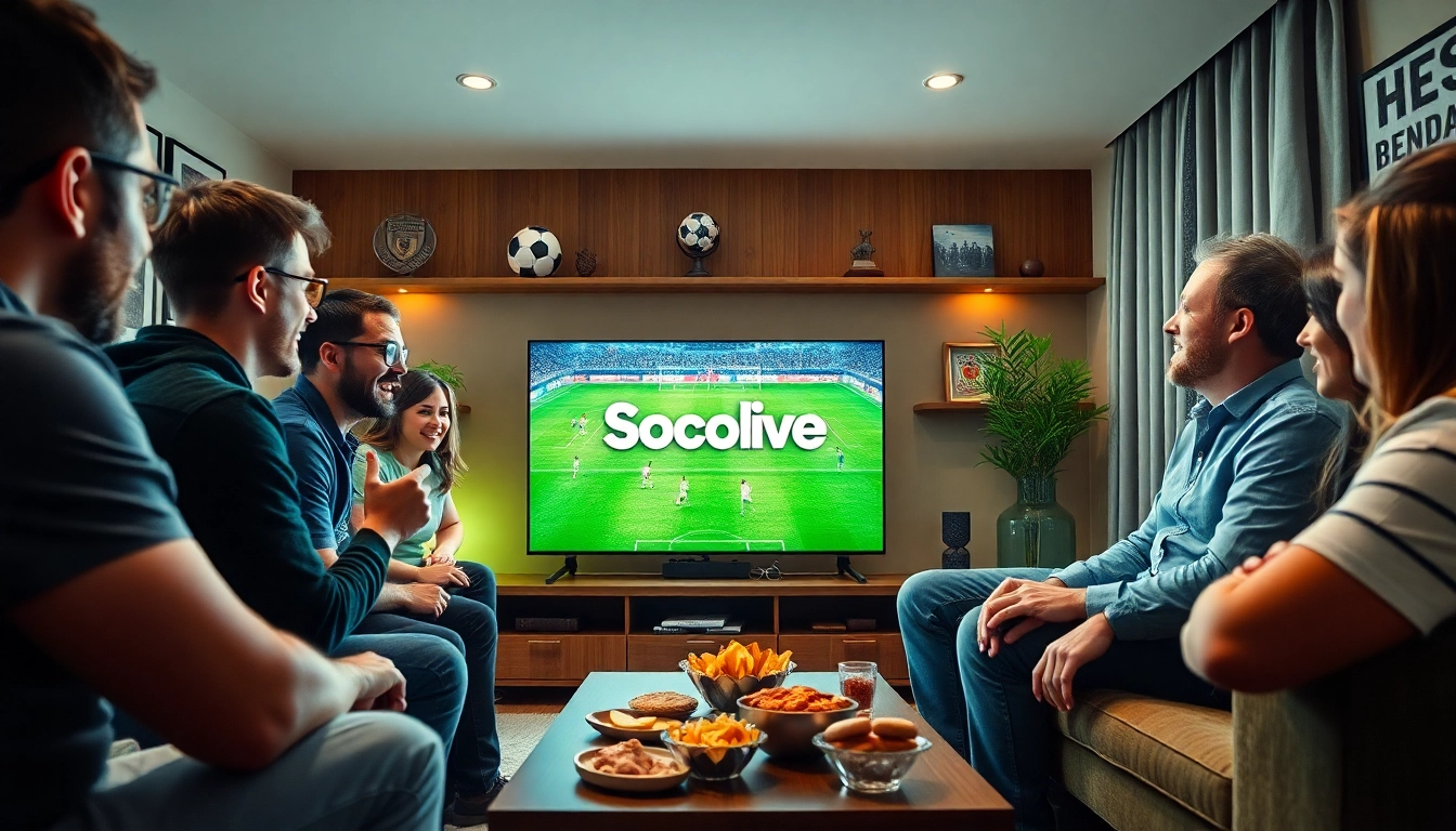 Socolive football fans enjoying a live soccer match in a cozy living room.