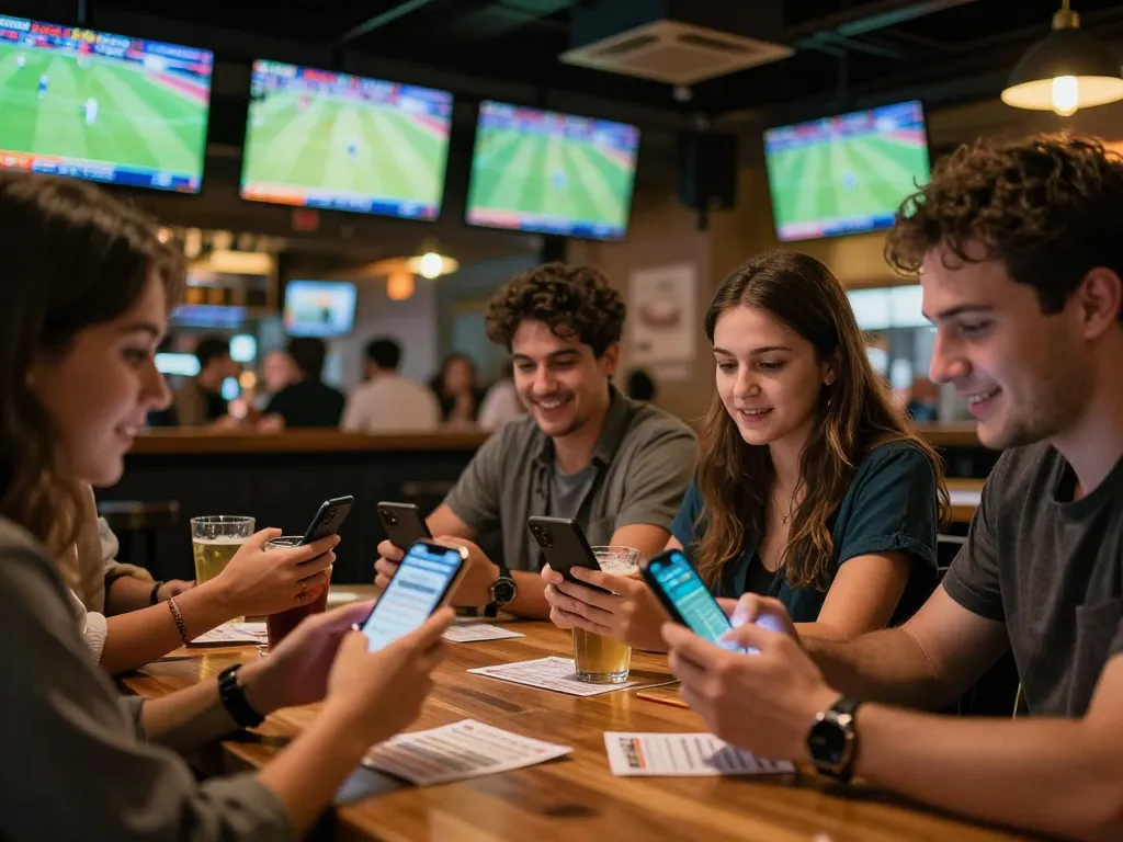 Bettors analyzing ty le keo nha cai while enjoying live sports with friends in an energetic bar.