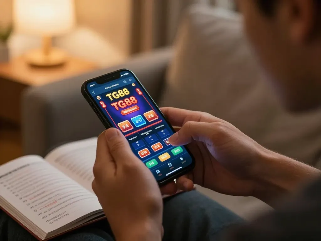 Gamer using the TG88 app for online casino betting, showcasing strategic gameplay.