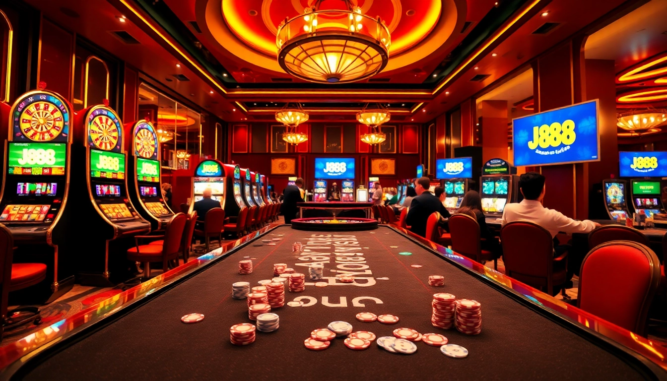 Engaging scene of players winning at J88 casino tables with vibrant poker chips.