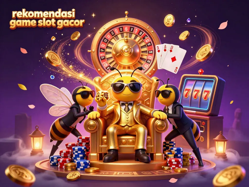 Rekomendasi game slot gacor menampilkan ilustrasi kasino 3D dengan karakter unik dan elemen permainan.