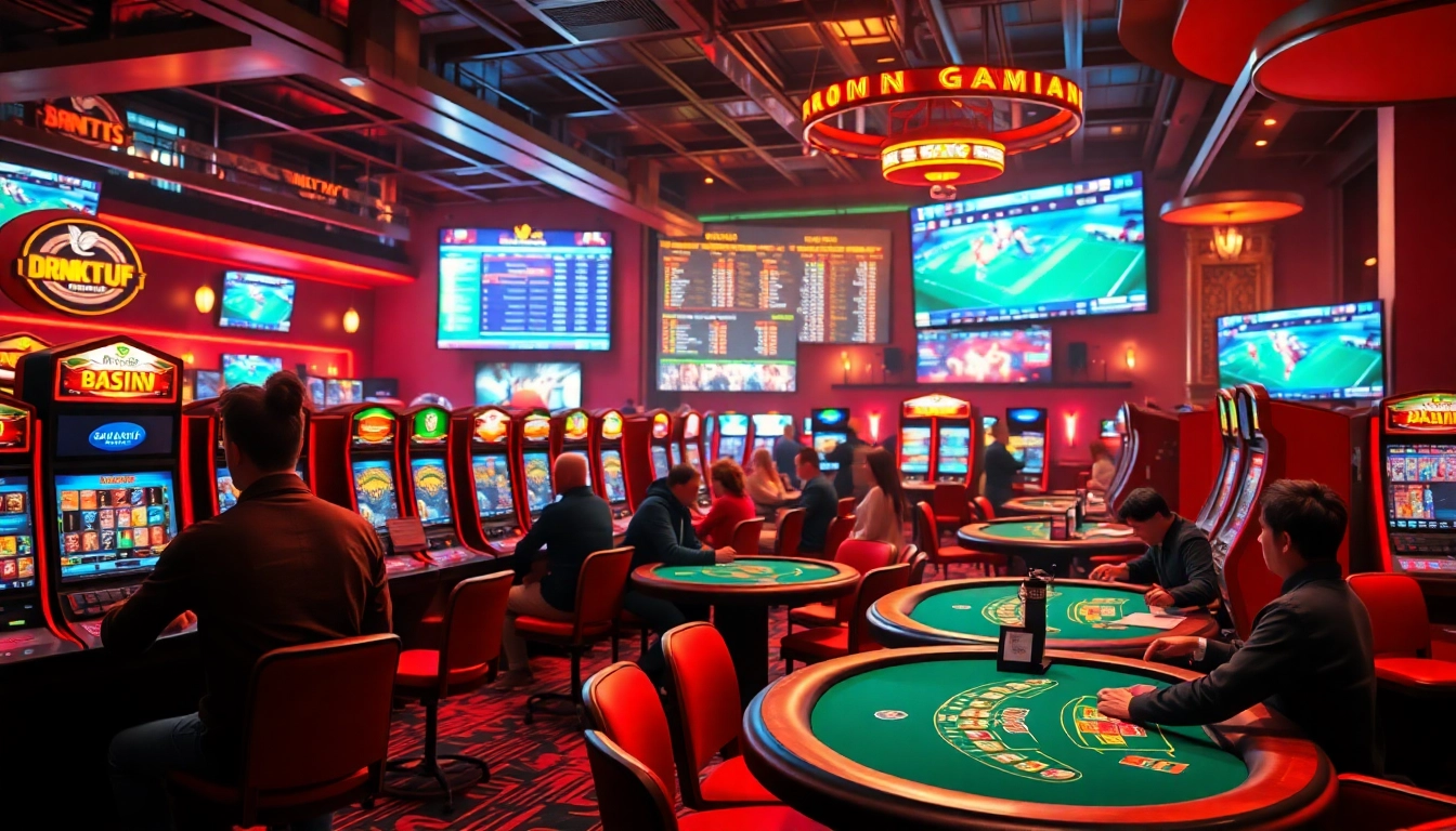 Exciting casino atmosphere at 98win with players engaged in various games.
