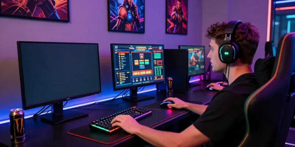 Dynamic gamer immersed in loket88 gameplay in a colorful gaming setup