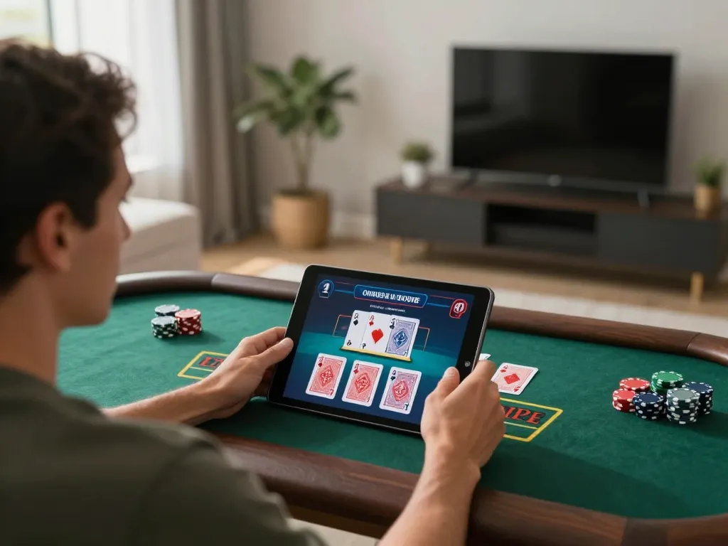 Player enjoying C168 online blackjack in a cozy home setup with tablet and gaming atmosphere