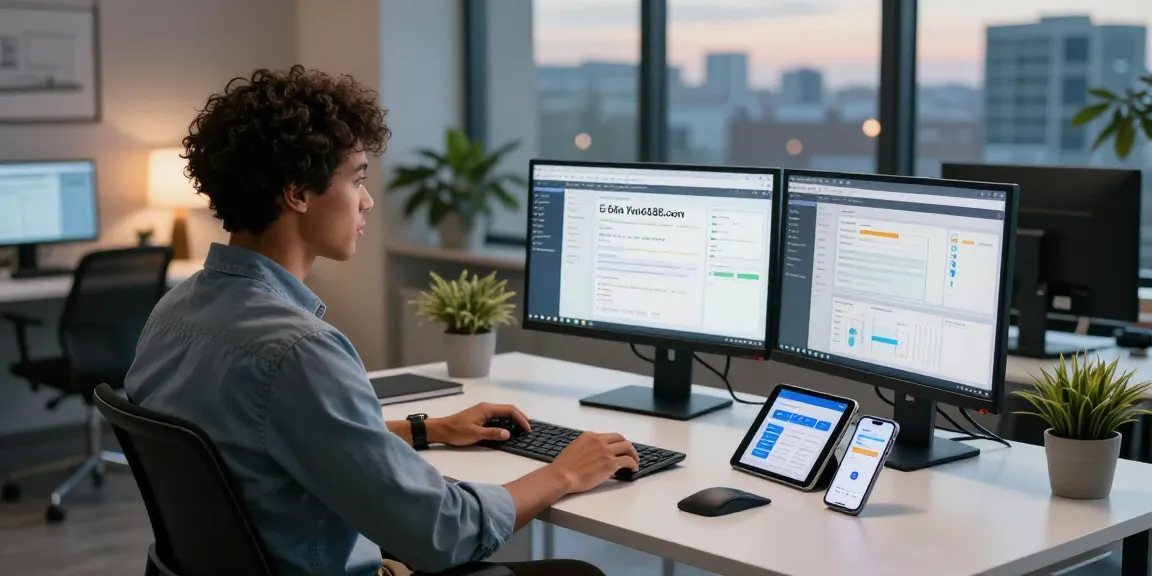 Young professional engaging with multiple screens in a modern workspace focused on AA88.com analytics.