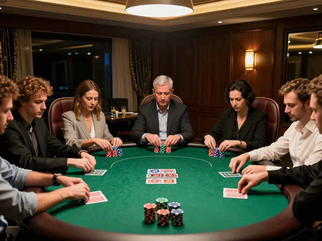 Online poker scene showing intense players at a premium gaming table on https://mk8th.net/ with chips stacked and cards visible, cozy lighting.