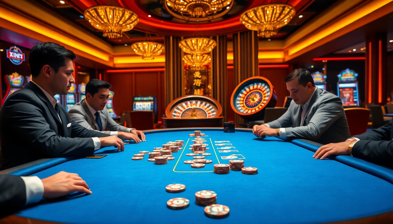 Players engage in a high-stakes poker game at a Xin88 casino table, surrounded by luxury and excitement.