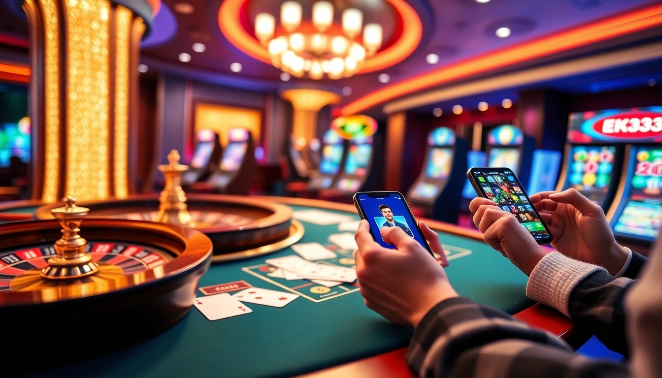 Exciting EK333 gaming scene featuring roulette, poker, and slot machines in a vibrant casino.