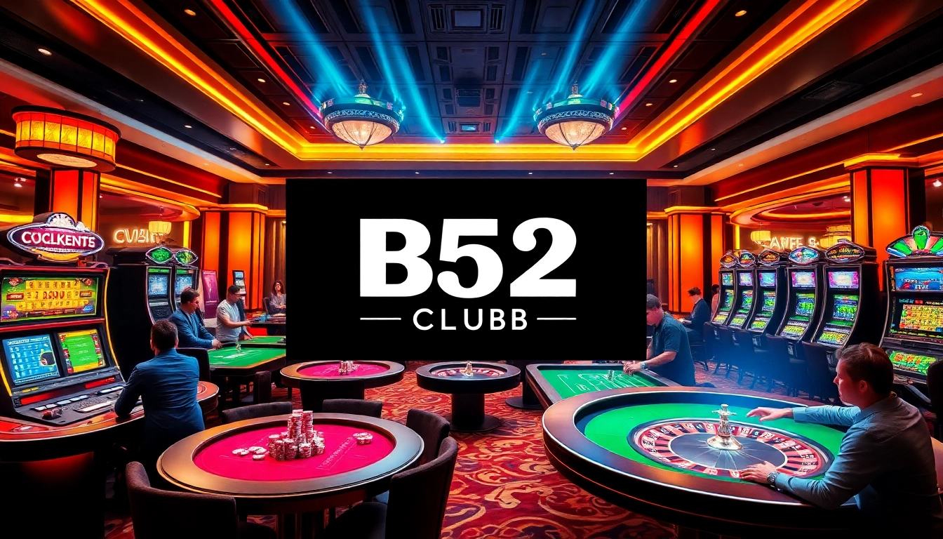 B52 CLUB logo featured in an engaging online gambling scene with casino tables, poker chips, and slot machines.