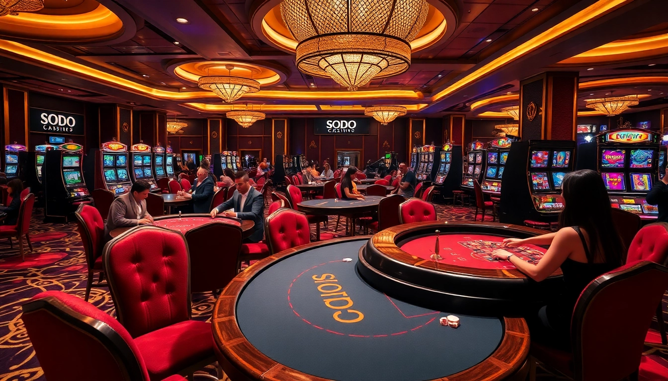 SODO CASINO gaming tables with lively action and vibrant atmosphere in a luxurious setting.