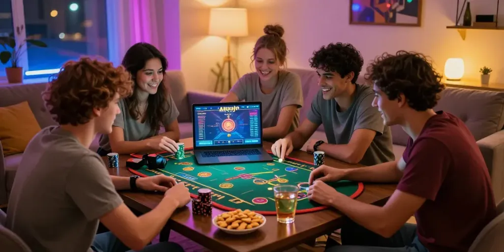 Friends enjoying online gaming at akunjp with snacks in a cozy living room.