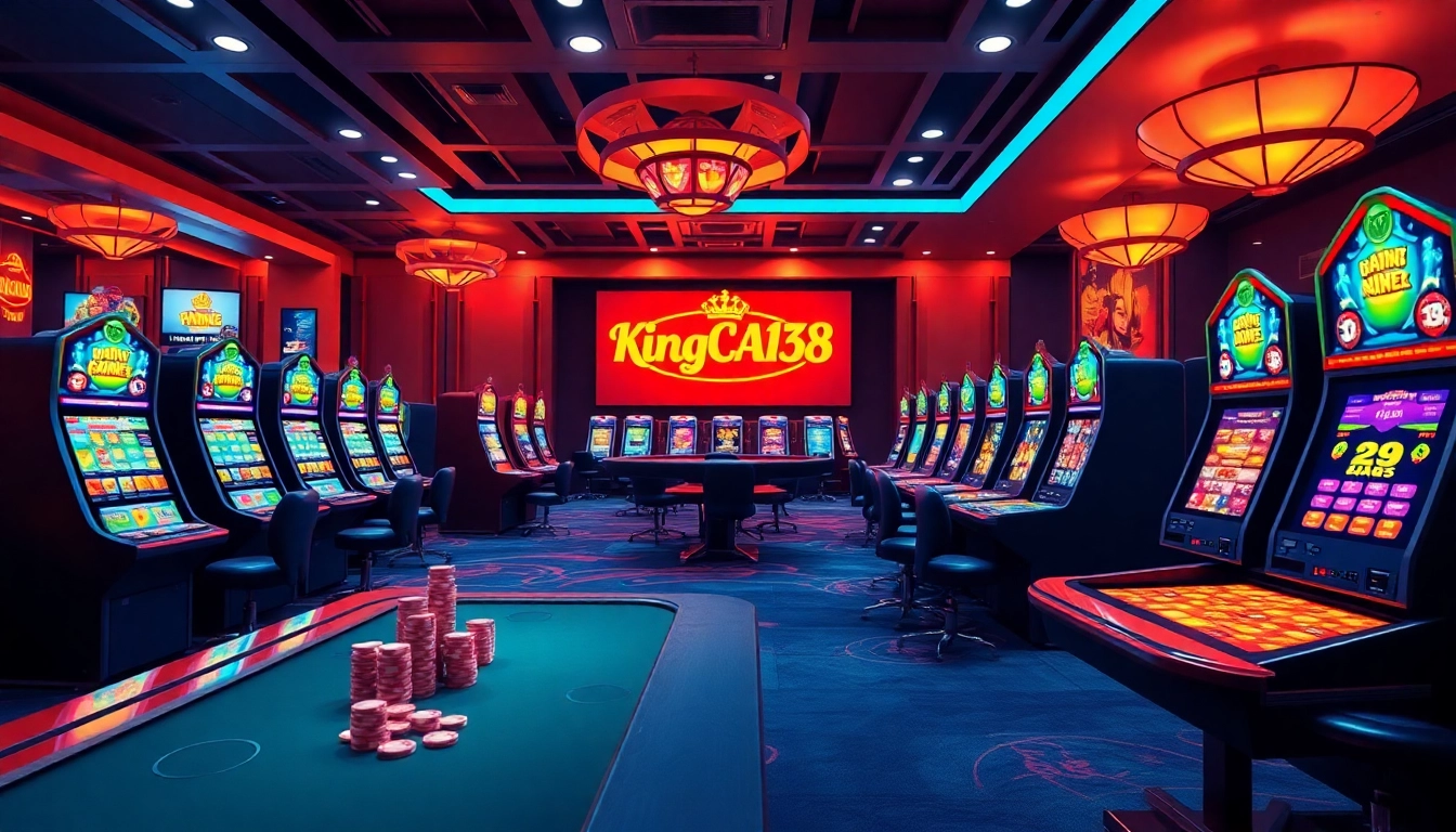 Dynamic online gambling scene showcasing kinggaruda138 with casino tables and vibrant slot machines.