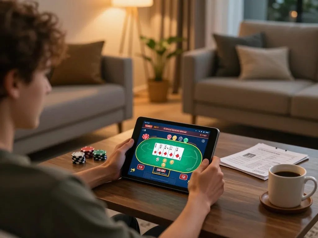 Player engages in strategic online casino gaming via tablet at home, featuring lmhistory.