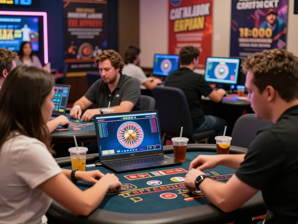 Experience the excitement of 32win online casino gaming, featuring diverse players at virtual tables enjoying baccarat and roulette.