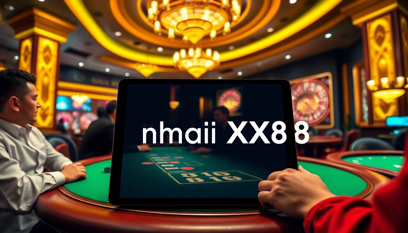 Experience high-stakes excitement at nhà cái XX88 with professional gamblers at a luxurious casino table.