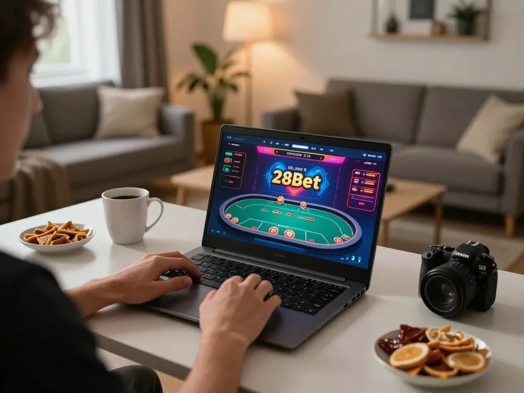 Engaging gameplay on 28Bet with a player at a cozy home desk using a laptop for online poker