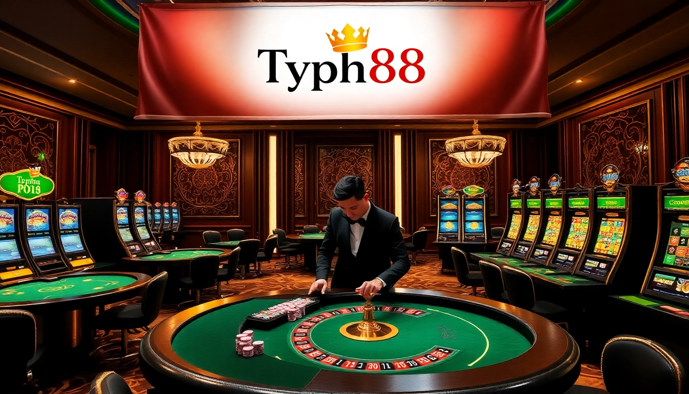 Experience the excitement of Typhu88 with luxury casino elements in a vibrant atmosphere.