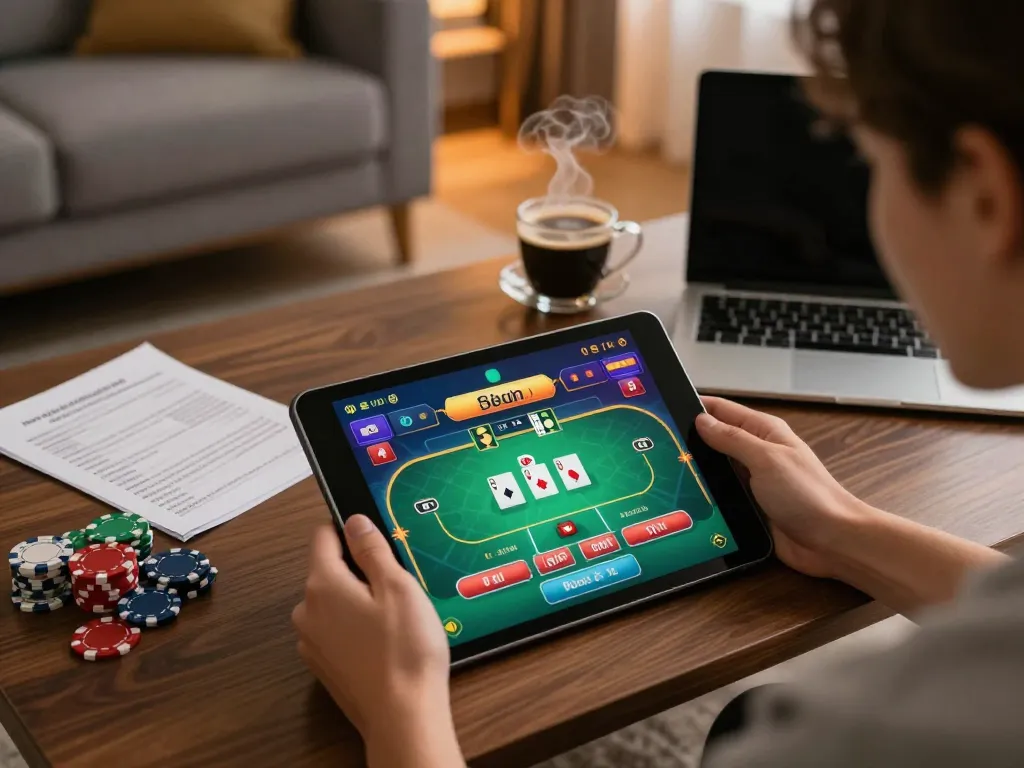 Person enjoying online poker gameplay on BL555 tablet while surrounded by a cozy setting.