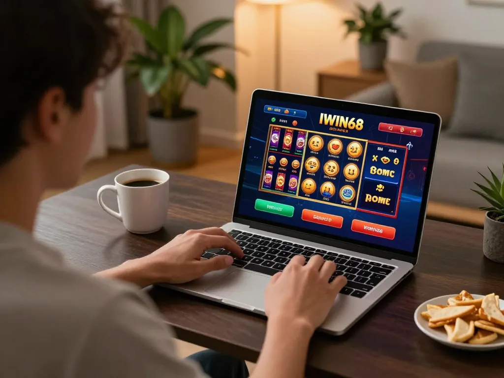 IWIN68 player enjoying an online casino session with strategic betting at home