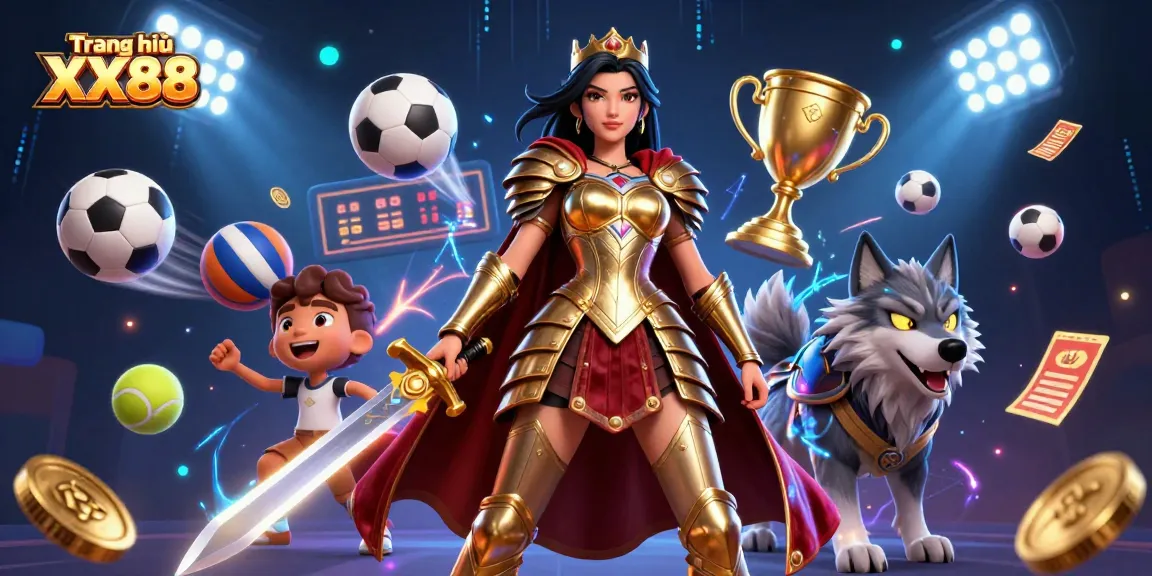 Engage in thrilling action at Trang chủ XX88, showcasing a heroic woman and an armored wolf amidst dynamic gambling elements.