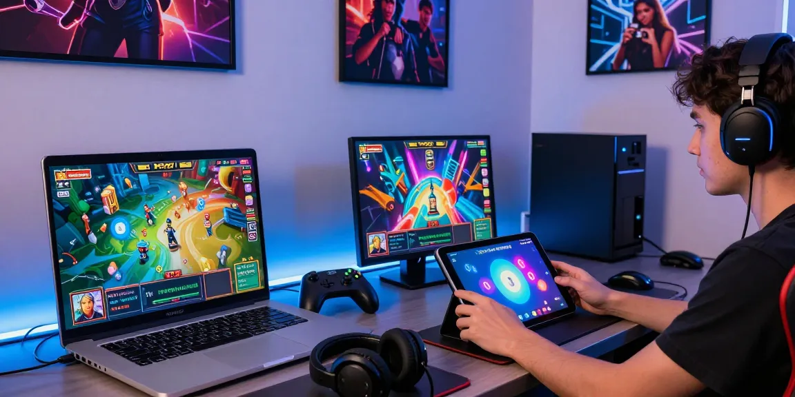 Pengguna MPO1221 menikmati permainan slot online yang cerah di laptop dan tablet dalam pengaturan gaming yang dinamis