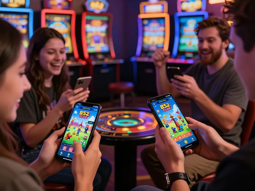 Engaging scene of players tải game b52club on mobile devices with vibrant graphics and joyful interactions.