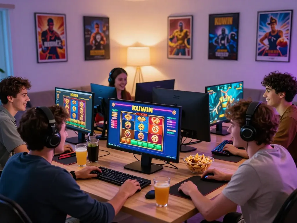 Friends enjoying an exciting session on KUWIN, showcasing online casino games in a vibrant living room.