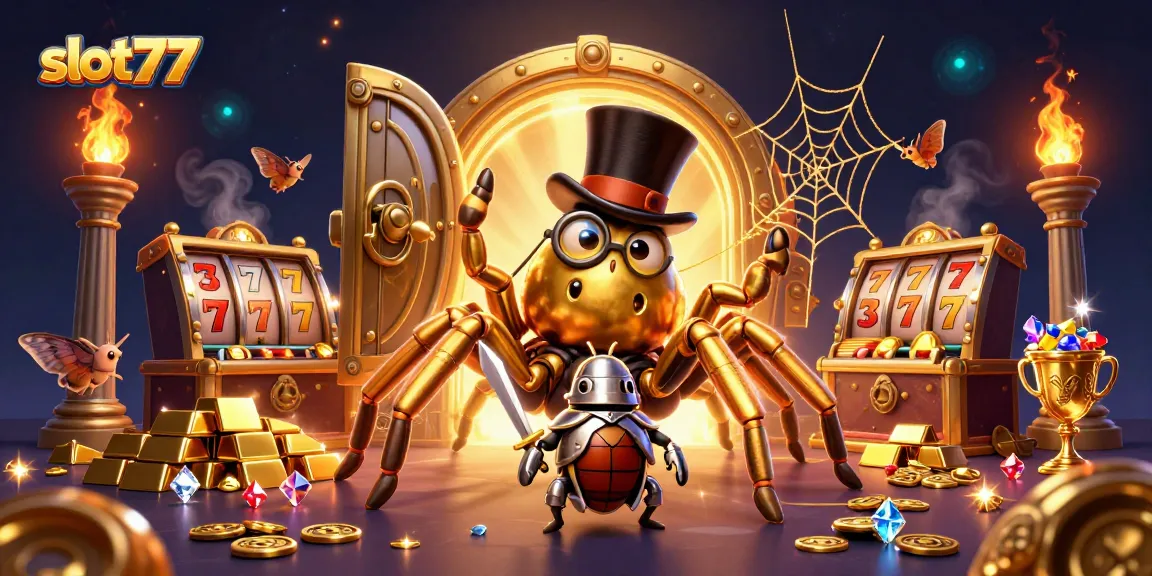 Engage with slot77's vibrant casino scene featuring a golden tarantula and beetle knight under dazzling jackpot elements.