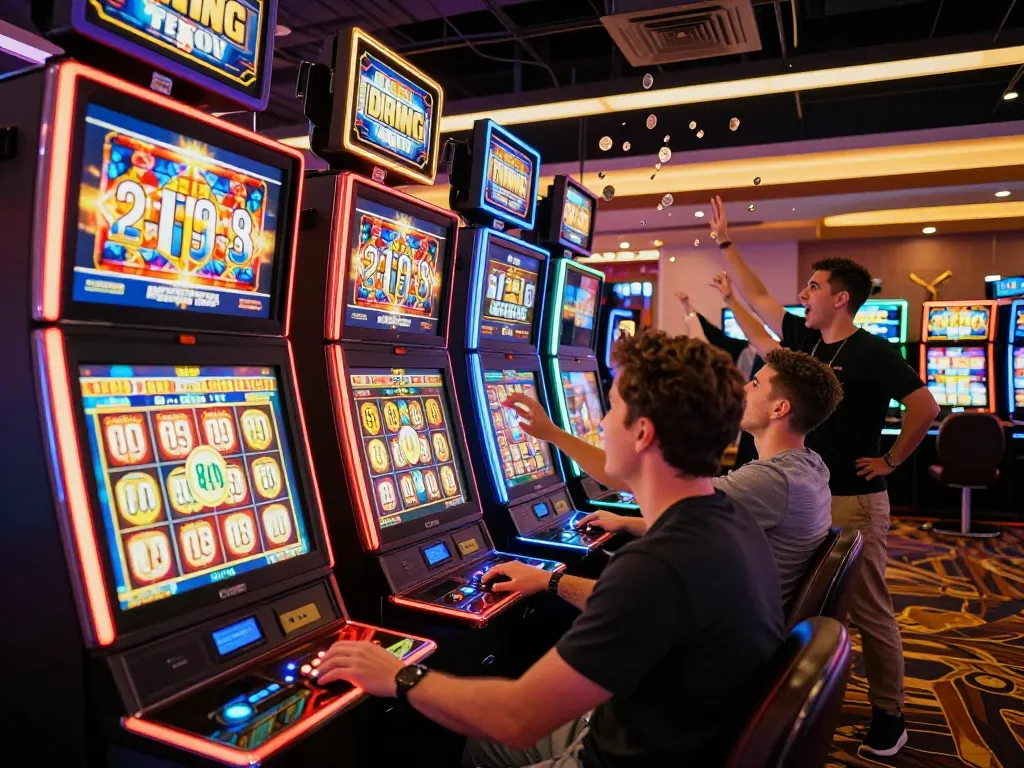 Players celebrating wins at a situs slot online area with vibrant slot machines and engaging atmosphere.