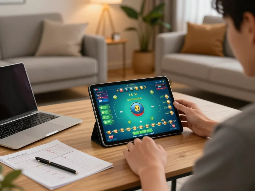 Tài xỉu online gameplay on tablet in a cozy home setting, showcasing strategic engagement and casual entertainment.