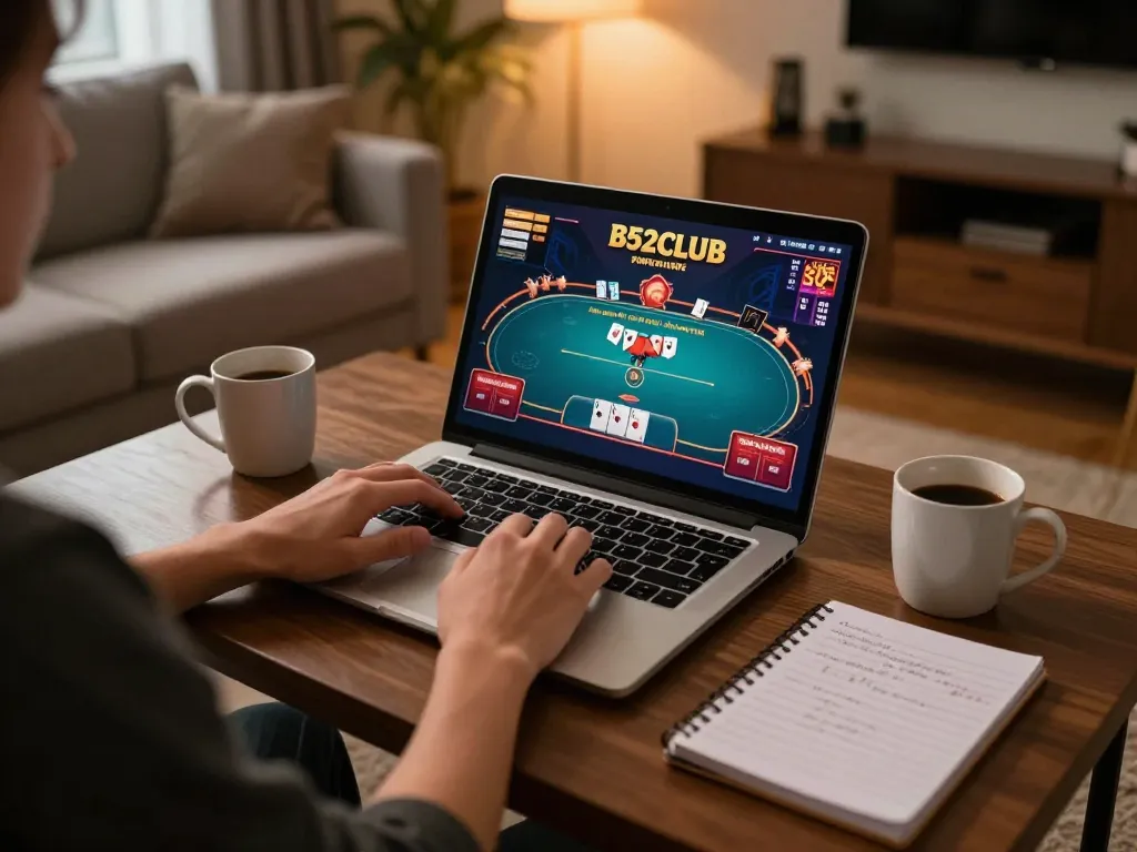 B52CLUB player engaging in an exciting online poker session at home.